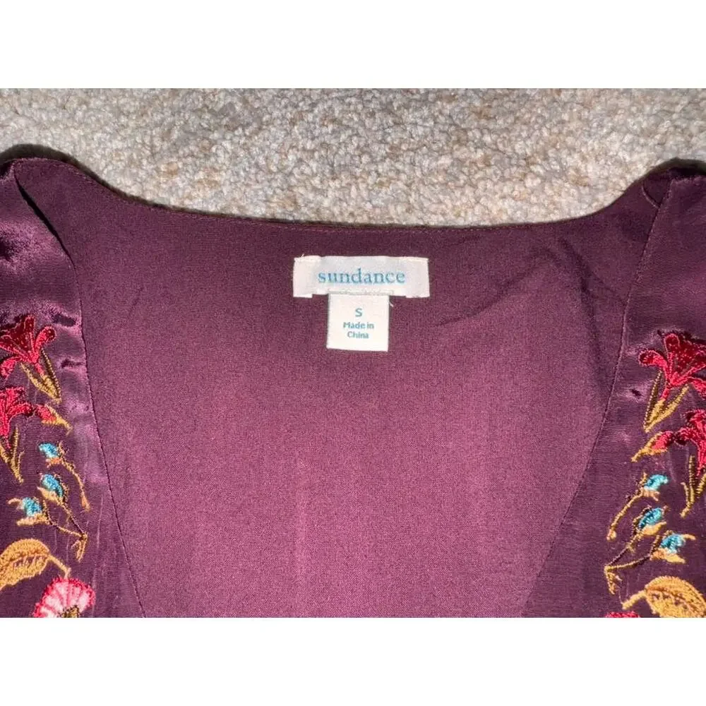 Sundance Embroidered Blouse Women's Small Burgundy V-Neck Bell Sleeve Boho - Picture 7 of 12